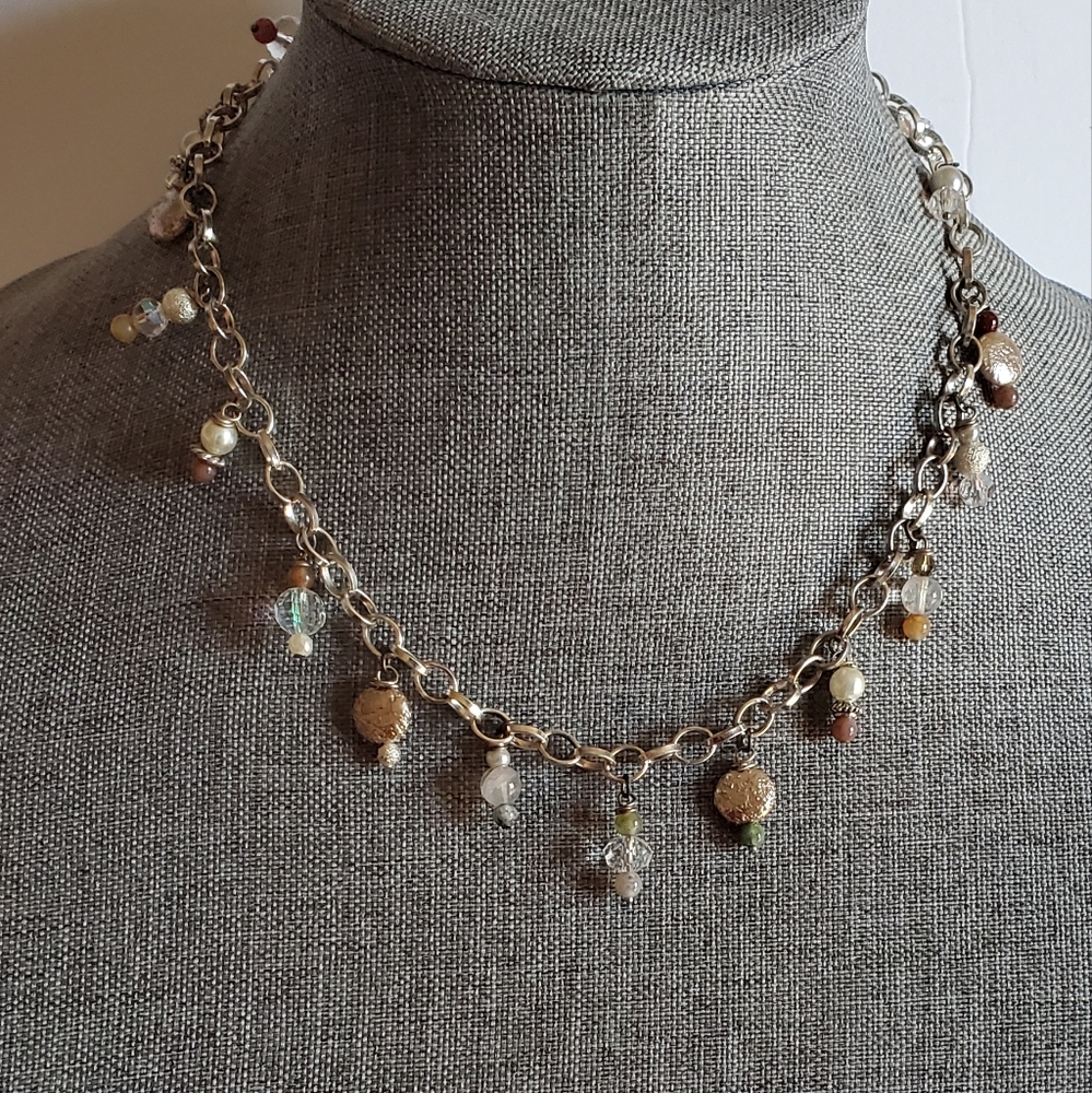 Vtg. Natural Stones And Faux Pearls Dangled Charms Necklace - Picture 1 of 7